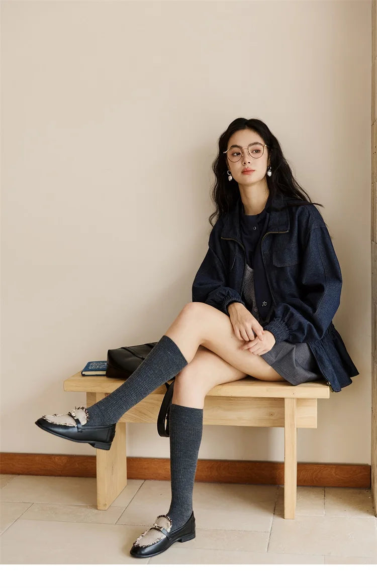 MISHOW Woman Shirt Set 2025 Autumn Fashion New Navy Blue Ribbon Design Layered Shirt Knit Camisole Two-piece Suit MXE47T1412