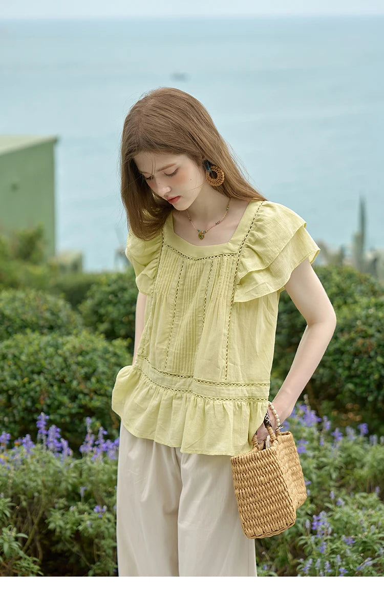 MISHOW Korean Lace Hollowed Out Flying Sleeve Blouse for Women 2024 Summer Square Neck Doll Shirt Casual Top MXD30X1574