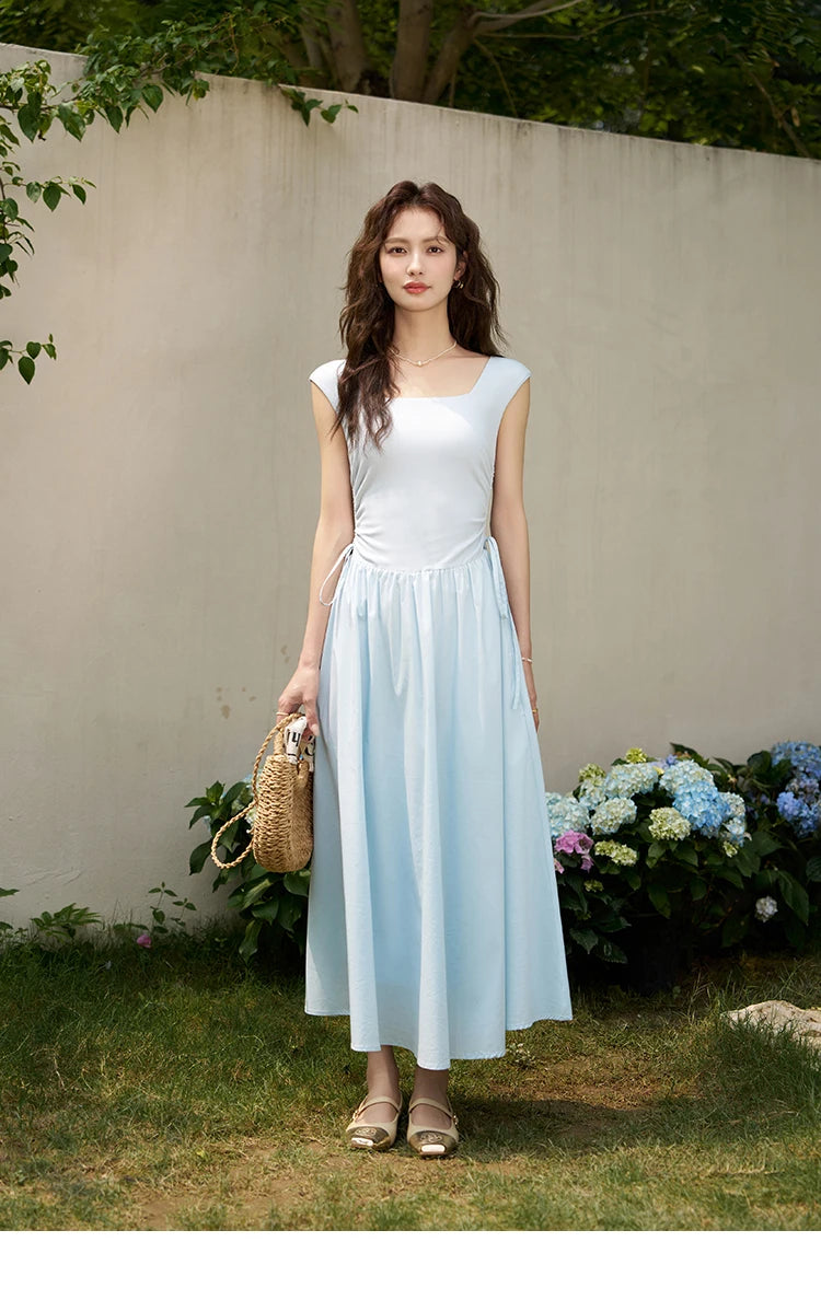 MISHOW Square Neck Patchwork Knitted Long Dress Summer 2024 Minimalist High Waist Side Drawstring Waist Slim Dresses MXD23L1818