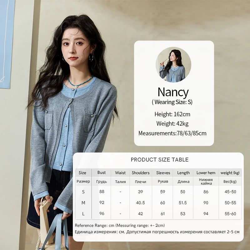 MISHOW Wool Knitted Cardigan Fake Two-piece Contrasting 2025 Spring Women Slim Fit Top O Neck Patch Pocket Sweaters MXE12Z1144