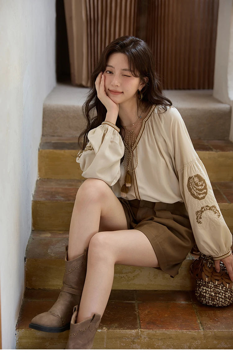 MISHOW Autumn Apricot Embroidered Blouses 2025 Contrasting Tassels Lace Up Blouses Lantern Sleeves Loose Vintage Top MXE41X1940