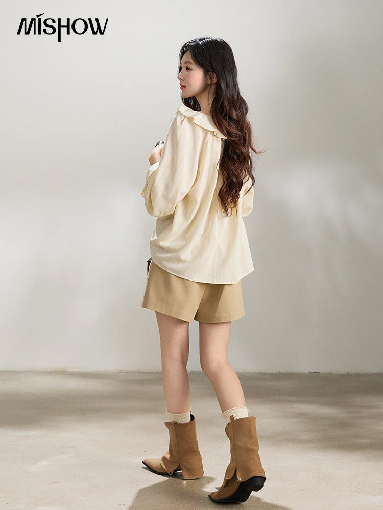 MISHOW Women's Ruffled Collar Striped Shirt 2026 Spring Flare Sleeve Elegant Casual Loose Long Sleeve Top Office Lady MXF13C2438