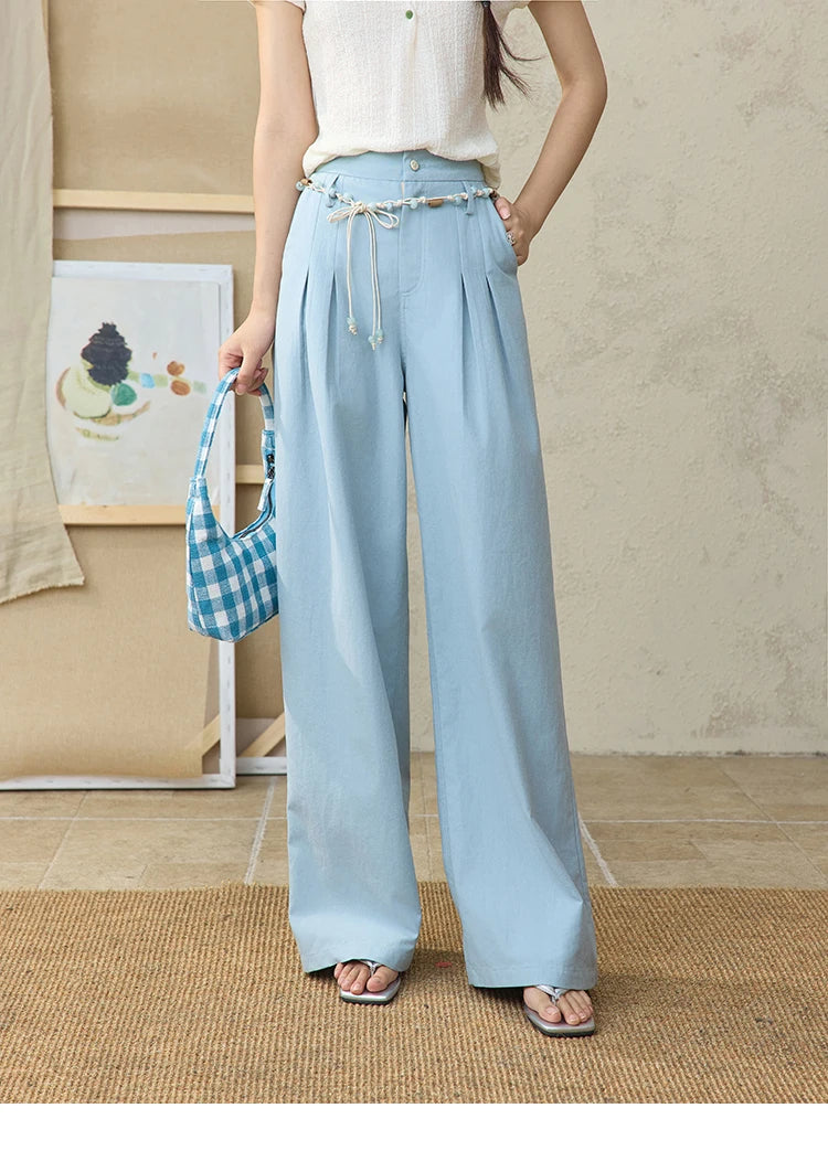 MISHOW Sea Salt Blue Wide Leg Pants 2025 Summer Contrasting Bead Belt Cotton Blend Trousers Slim Commuting Pants MXE35K0931