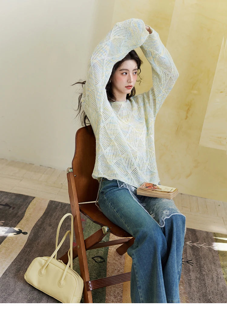 MISHOW Women's Hollow Knitted Sweater 2025 Spring Loose Thin Dropped Shoulder Top Wool O Neck Hem Wavy Edge Sweaters MXE14Z1208