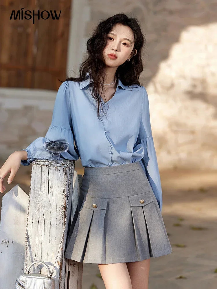MISHOW French Polo Neck Long Sleeve Shirt Women's Spring Summer 2025 Elegant Sweet Cute Casual Tops Solid Shirts MXE11C0388