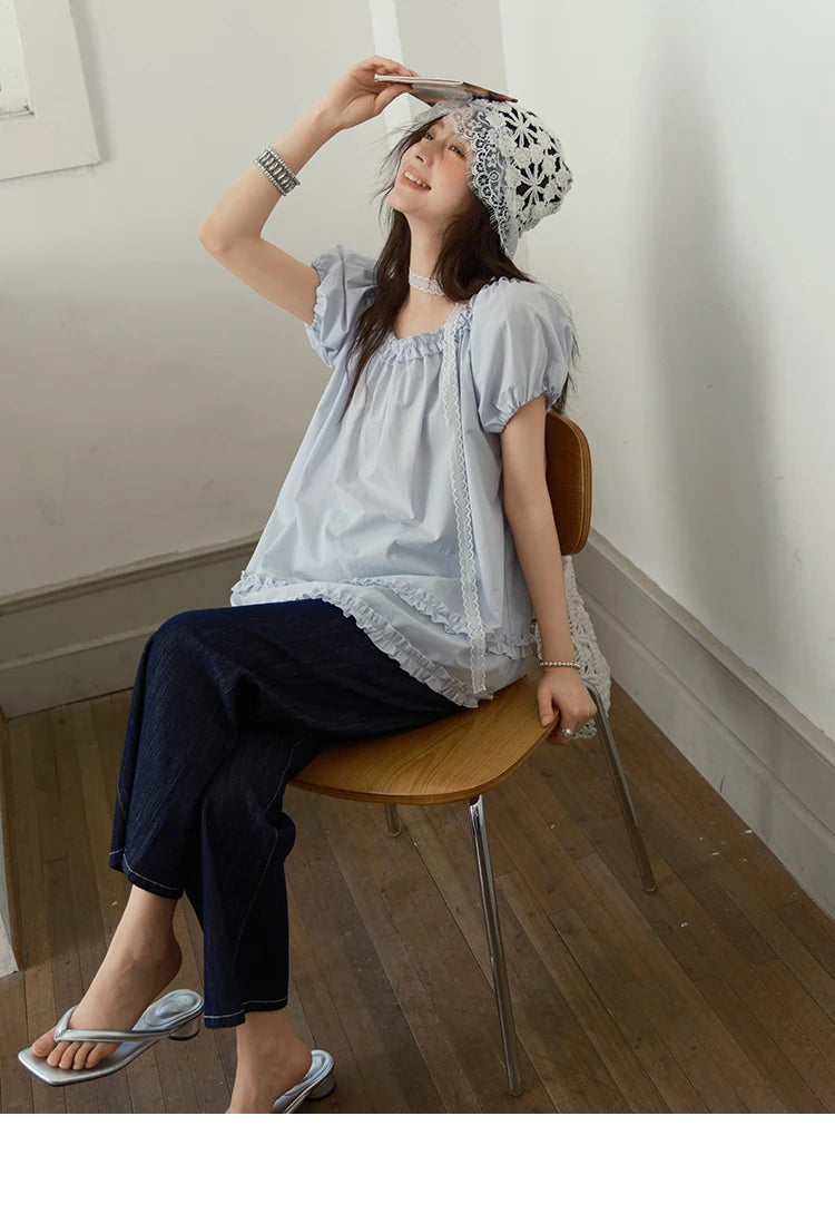 MISHOW Women's Fashion Puff Sleeve Blouse 2025 Summer Casual O-Neck Edible Tree Fungus Spliced Top Female Clothing MXE39X1929