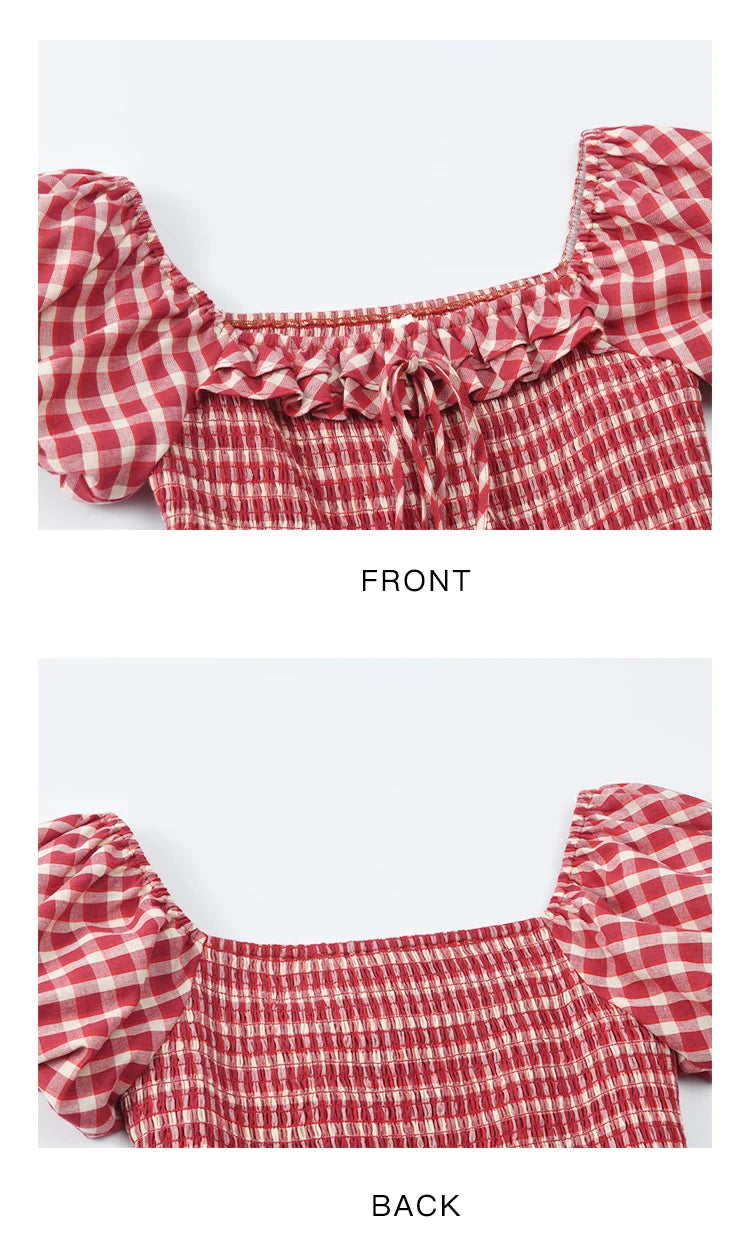 MISHOW Women's Retro Red Plaid Dress 2025 Summer New Square Neck Lace Up Hollow Out Spliced Dresses Women's Clothing MXE39L2324