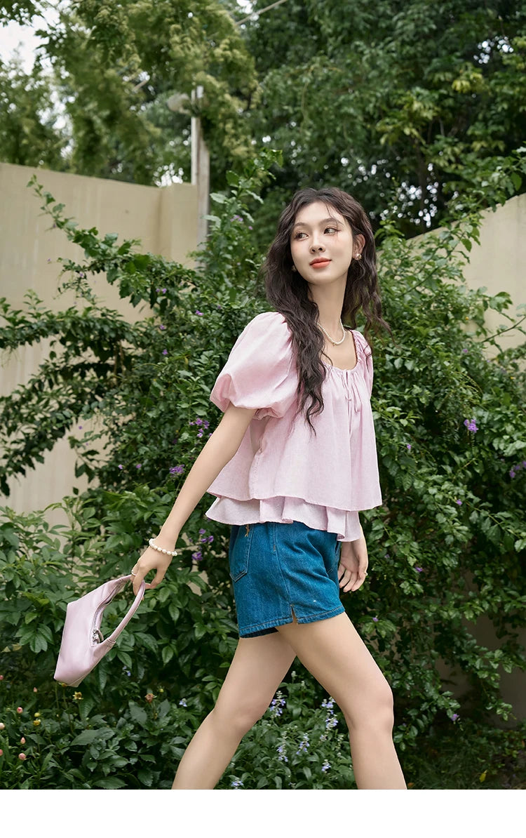 MISHOW French Square Neck Tied Lantern Sleeve Blouses 2025 Summer Double Layered Hem Puff Sleeve Solid Sweet Tops MXD26X1551