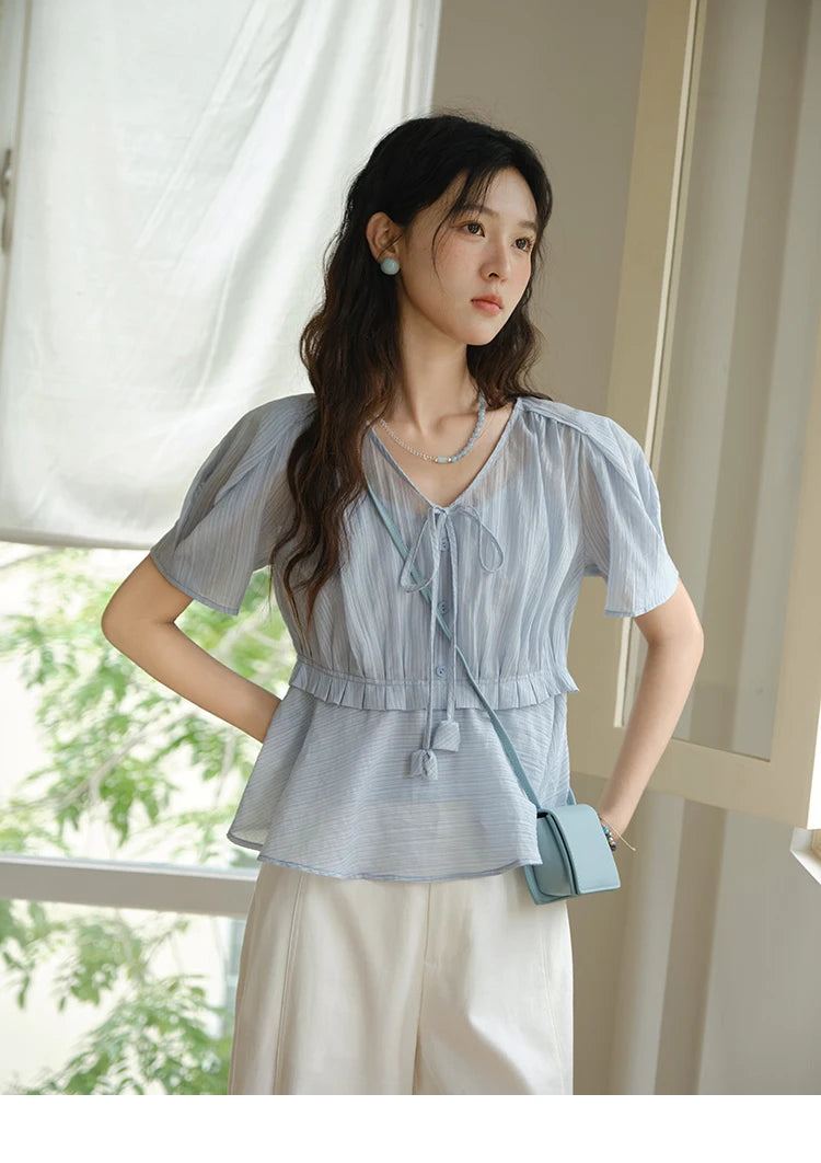 MISHOW Women's Fashion V-neck Blouse Summer 2025 New Splicing Button Commut Ladies Lace Up Casual Short Sleeve Top MXE34X1821