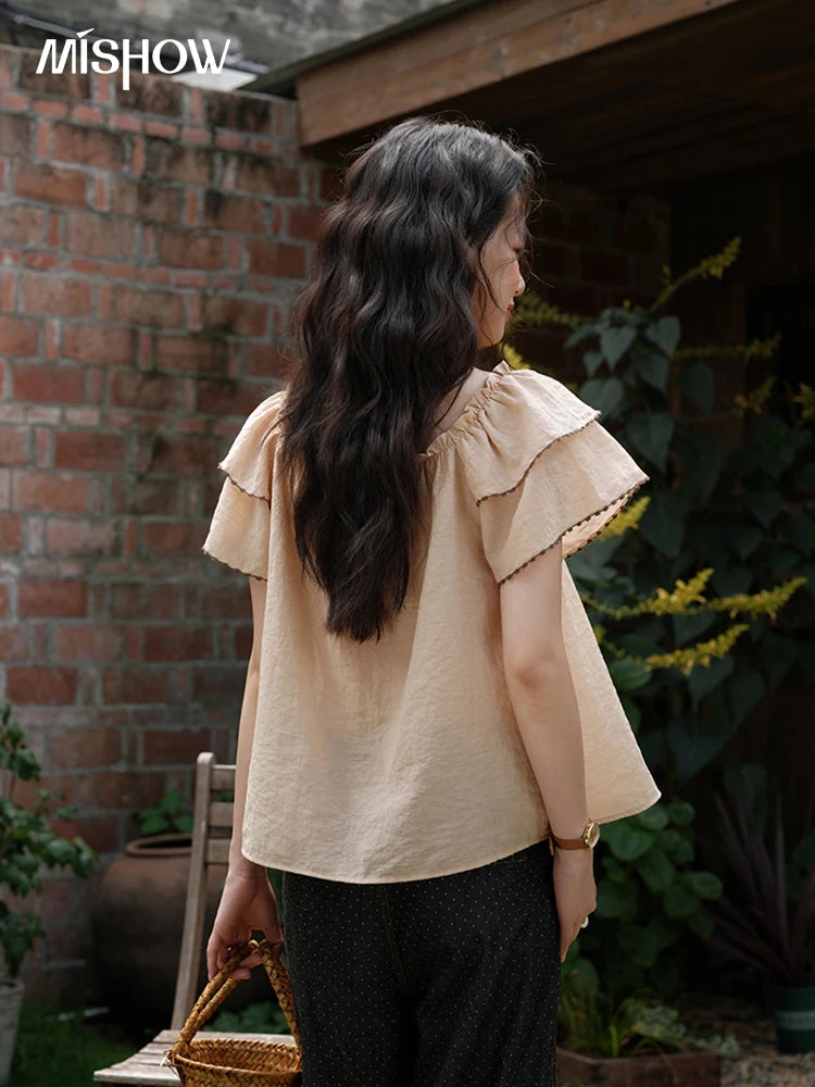 MISHOW Women's Fashion Butterfly Sleeve Blouse Summer 2025 New Loose Casual Square Neck Button Top Women's Clothing MXE37X1854