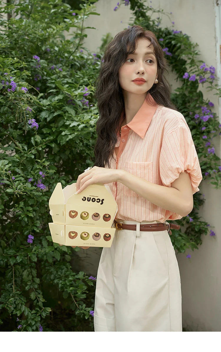 MISHOW Women's Hong Kong Retro Pink Striped Shirt 2024 Summer Short Sleeve Bubble Sleeve Single Breasted Lapel Top MXD28C0250