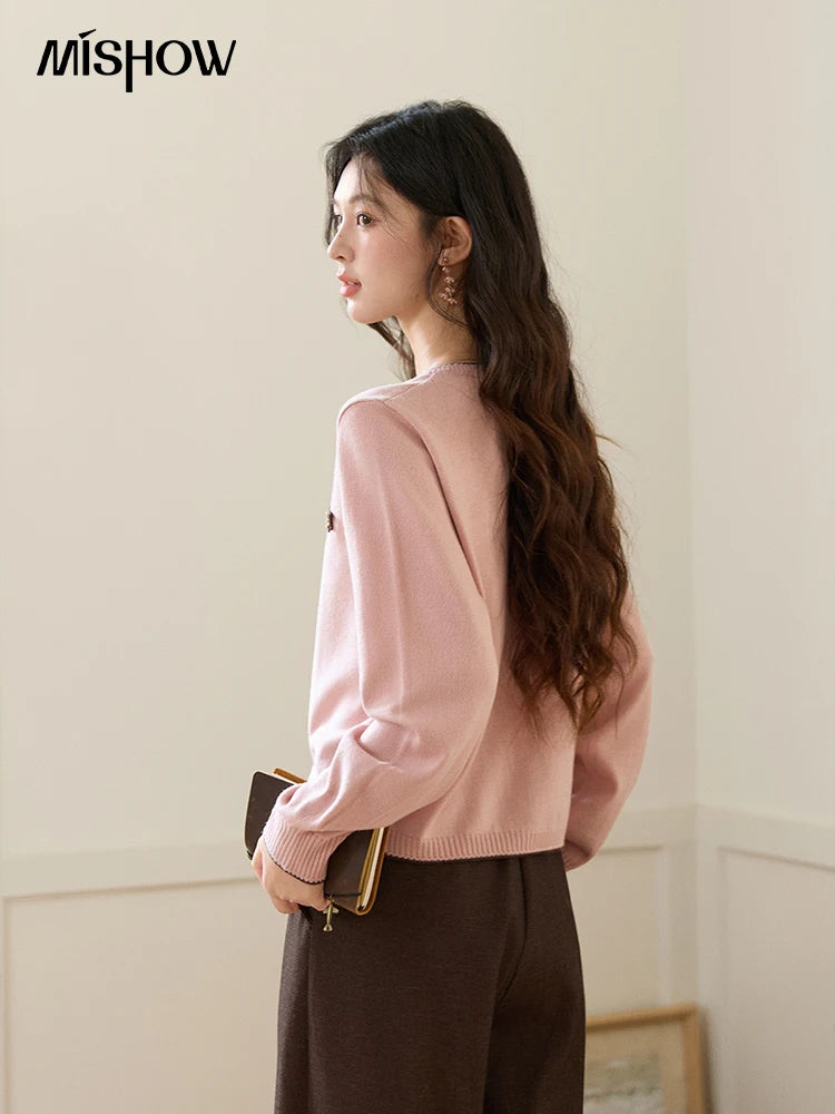 MISHOW Contrast Trim Crew Neck Knit Cardigan 2026 Spring Single Breasted Casual Pink Sweater with Pony Decoration MXF108Z1023