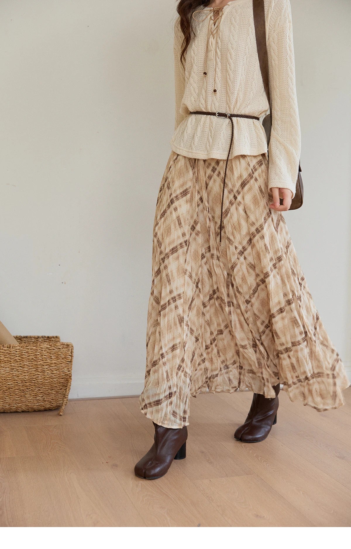 MISHOW Women's Beige Plaid Maxi Skirt 2026 Spring High Waist Flowy A-Line Skirts Elastic Waist Casual Chiffon Skirt MXF108B0769