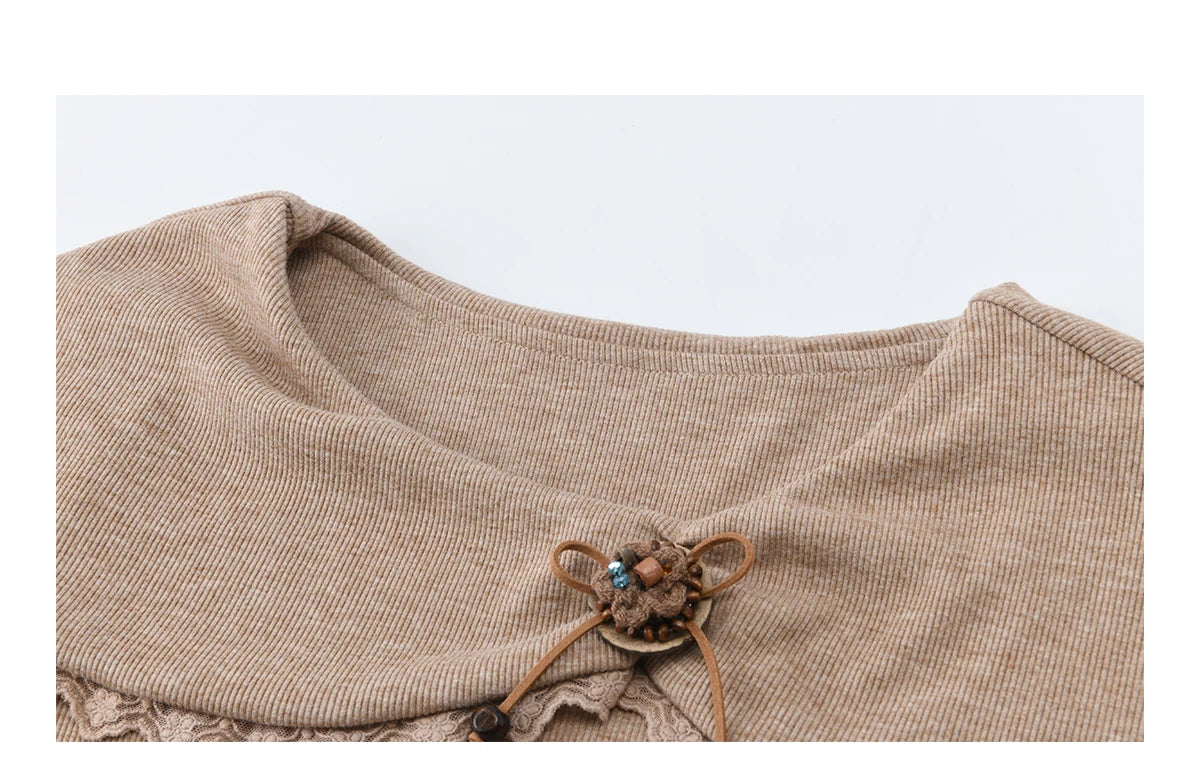 MISHOW Women's Khaki Knitted Dress 2026 Spring Large Collar Decor Long Sleeve Dresses Pleated Casual Elegant Dress MXF11L2553