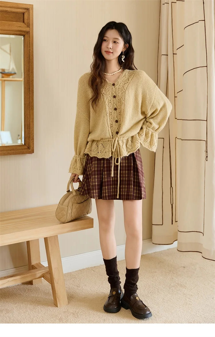 MISHOW Handmade Crochet Sweater Cardigan Autumn Mohair Flare Sleeve Knitted Tops Wave V-neck Lace-up Waist Sweater MXE47Z2513