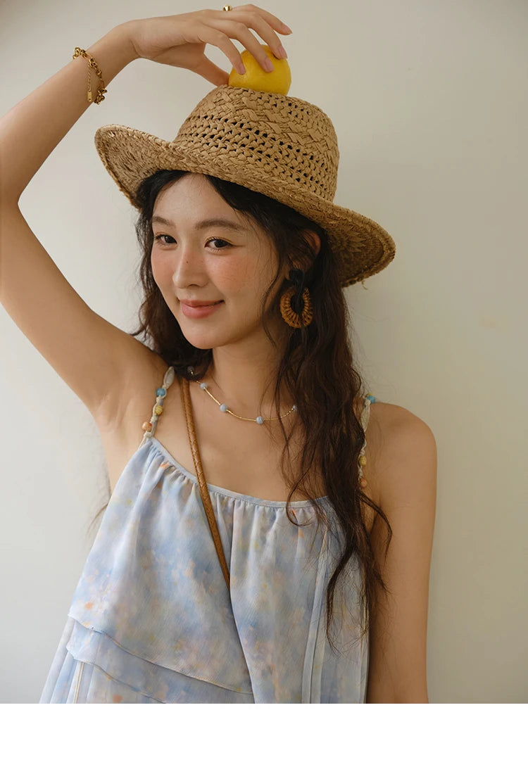 MISHOW Fashion Print Strap Dress for Women 2025 Summer New Multi Layer Ruffle Edge Splicing Sleeveless Midi Dresses MXE35L2233