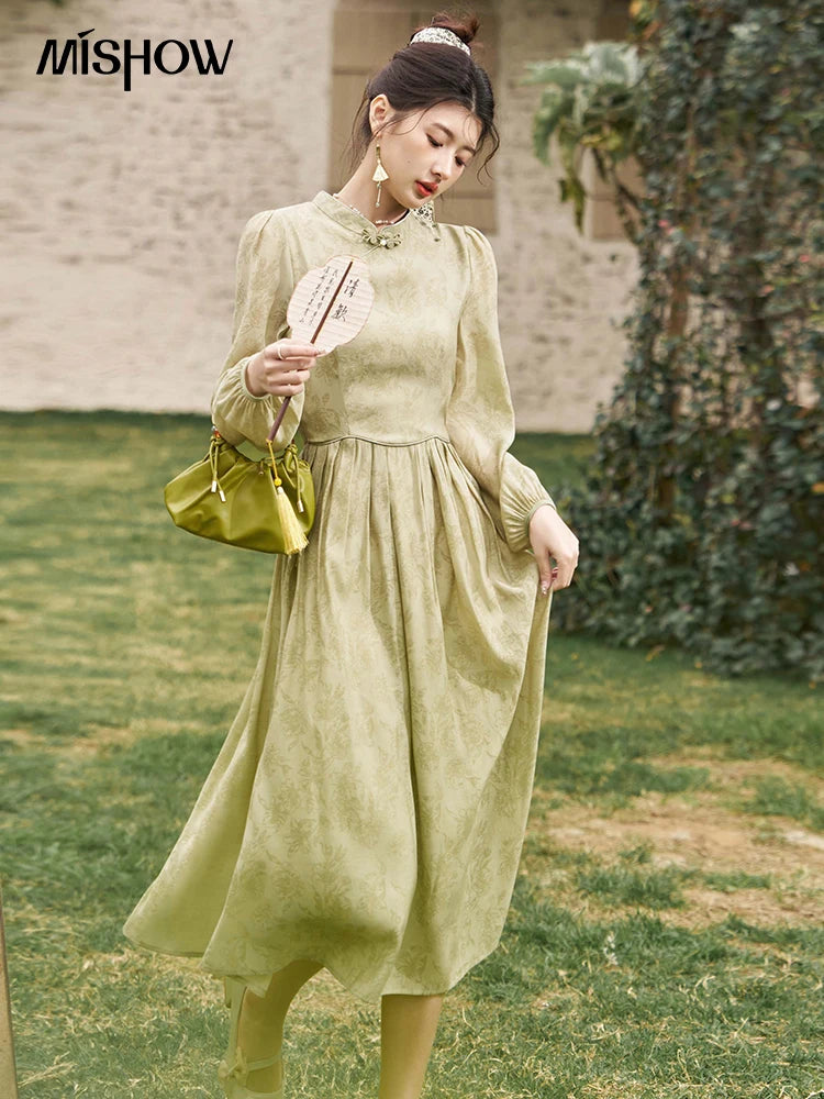 MISHOW Retro Chinese Improved Cheongsam Dress 2024 Spring Chiffon Printing Green Puff Sleeve Stand Neck Waist Dresses MXD14L1767