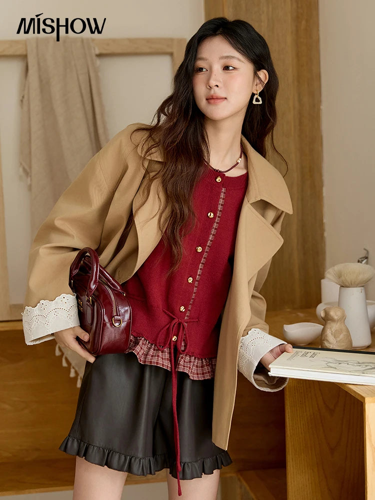 MISHOW Coats for Elegant Women Cotton 2025 Autumn Khaki Ruffled Cuff Splicing Lace Short Trench Coat Casual Jacket MXE45W0831