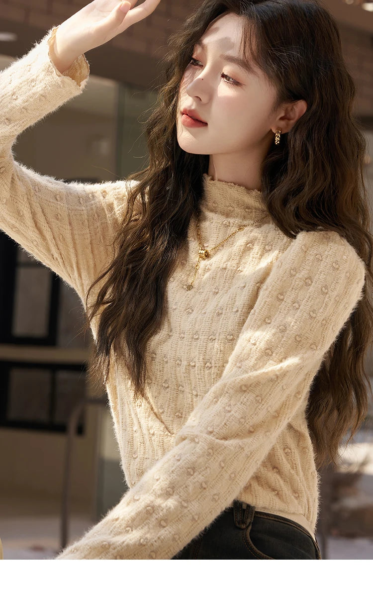 MISHOW Lace Bottoming Shirt Women Autumn Winter Mock Neck Long Sleeve Knitted Pullover French Warm Inner Top Female MXC58Z0481