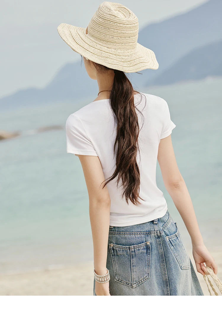 MISHOW Casual Summer Shirts Women 2025 Fashion Short Sleeve Swing Collar Solid T-shirt Female Slim Shell Ribbon Tops MXE33T0524