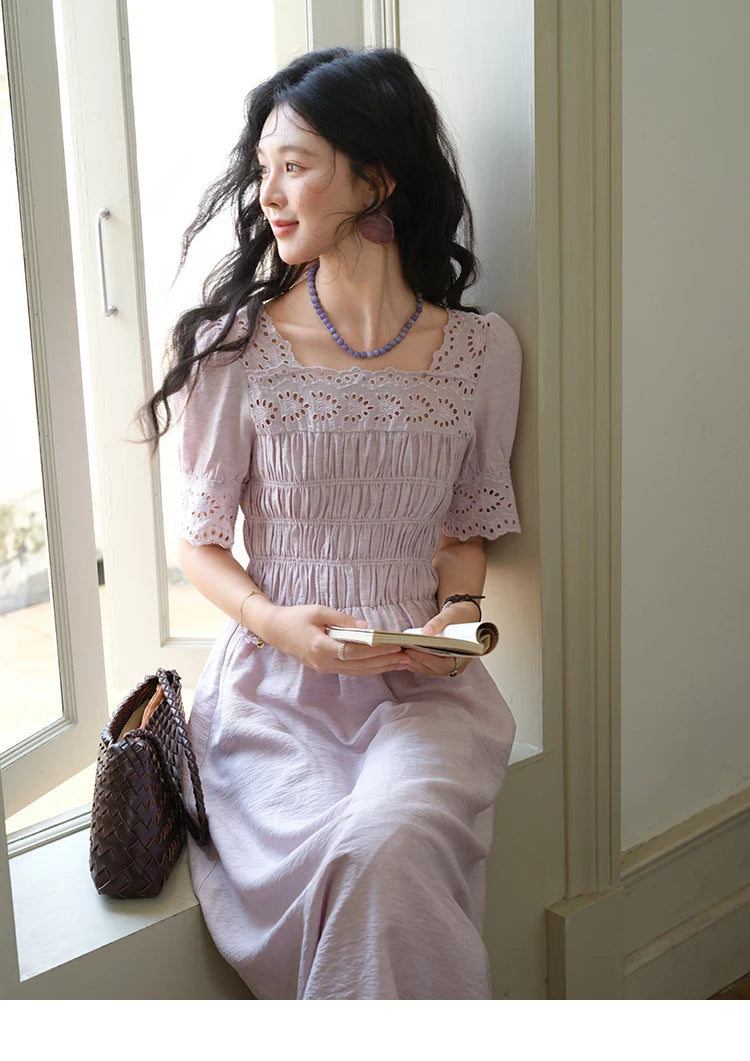 MISHOW Puff Sleeve Dress for Women 2025 Summer New Square Neck Fashion Lace Hollow Purple Dresses Female Clothing MXE39L2406