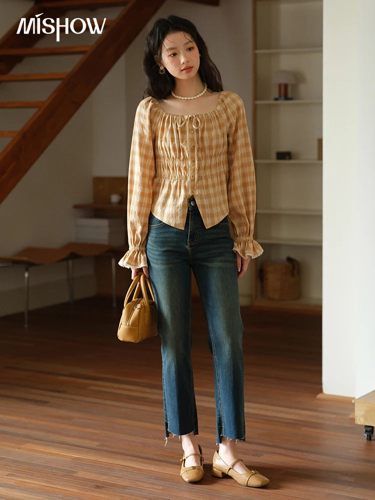 MISHOW Yellow Plaid Blouse for Women 2025 Autumn Korean Waist Square Neck Top Cuff Patchwork Lace Puff Sleeve Blouses MXE43X1986