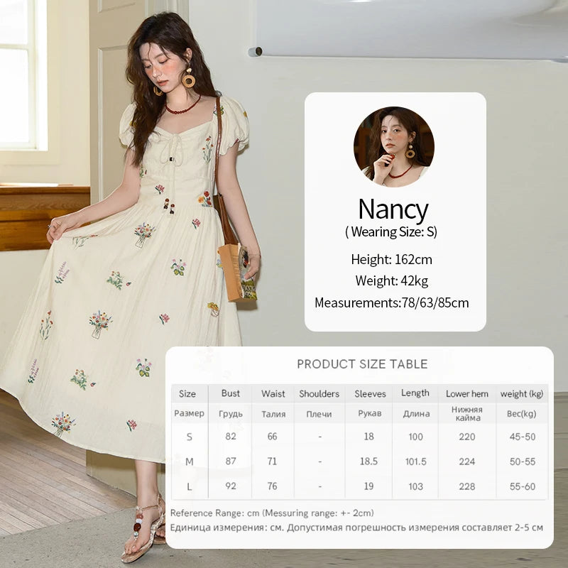 MISHOW Fashion Flower Embroidery Dress for Women Summer 2025 New Square Neck Lace Up Puff Sleeve Large Swing Dresses MXE37L2315