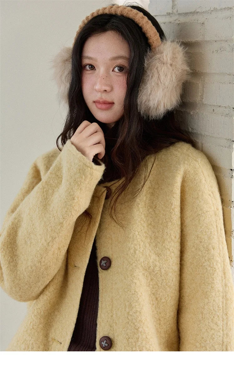 MISHOW Women's Brown Jacket 2025 Winter Retro Warm Round Neck Wool Quilted Coat Commute Short Loose Thick Coat Woman MXE87W0935