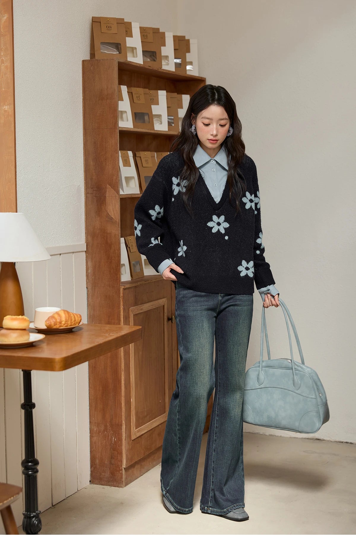 MISHOW Dark Blue Fake Two-piece Pullovers for Women 2025 Autumn Winter New Turn-down Collar Flower Pattern Sweater MXE51Z2554