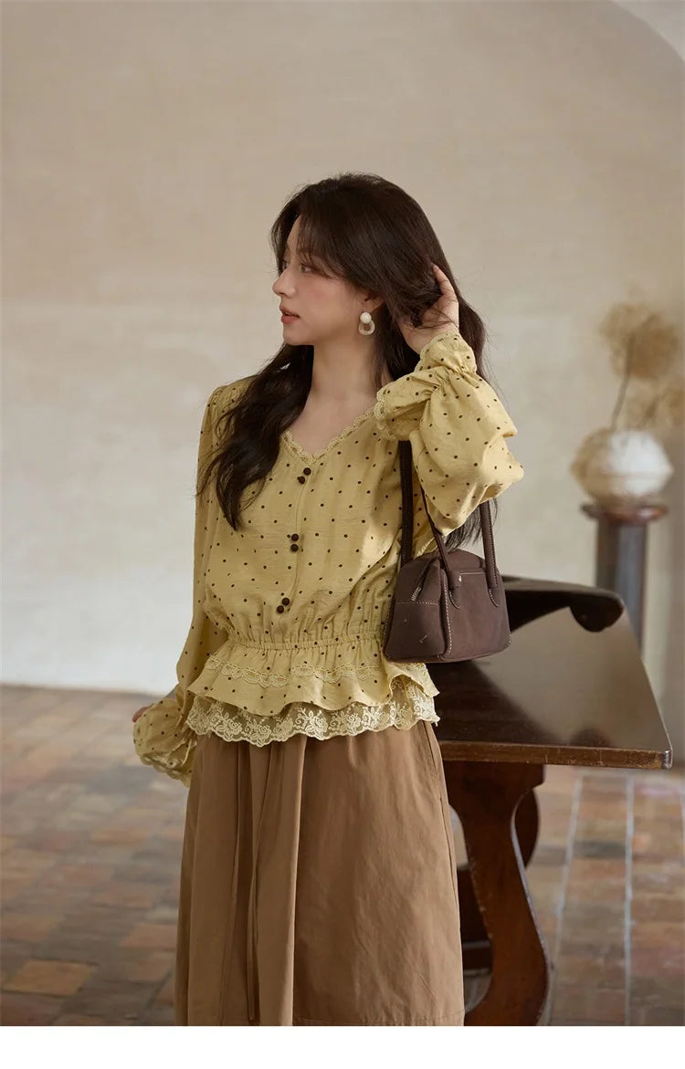 MISHOW Yellow Polka Dot Linen Blouse V-Neck Flare Sleeve MXE42X1975
