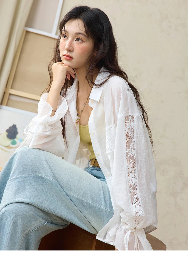 MISHOW Blend Patchwork Lace Cool Shirt Female Autumn 2025 Korean Loose Lapel Drop Sleeve Shirts Drawstring Cuffs Top MXE31C0789