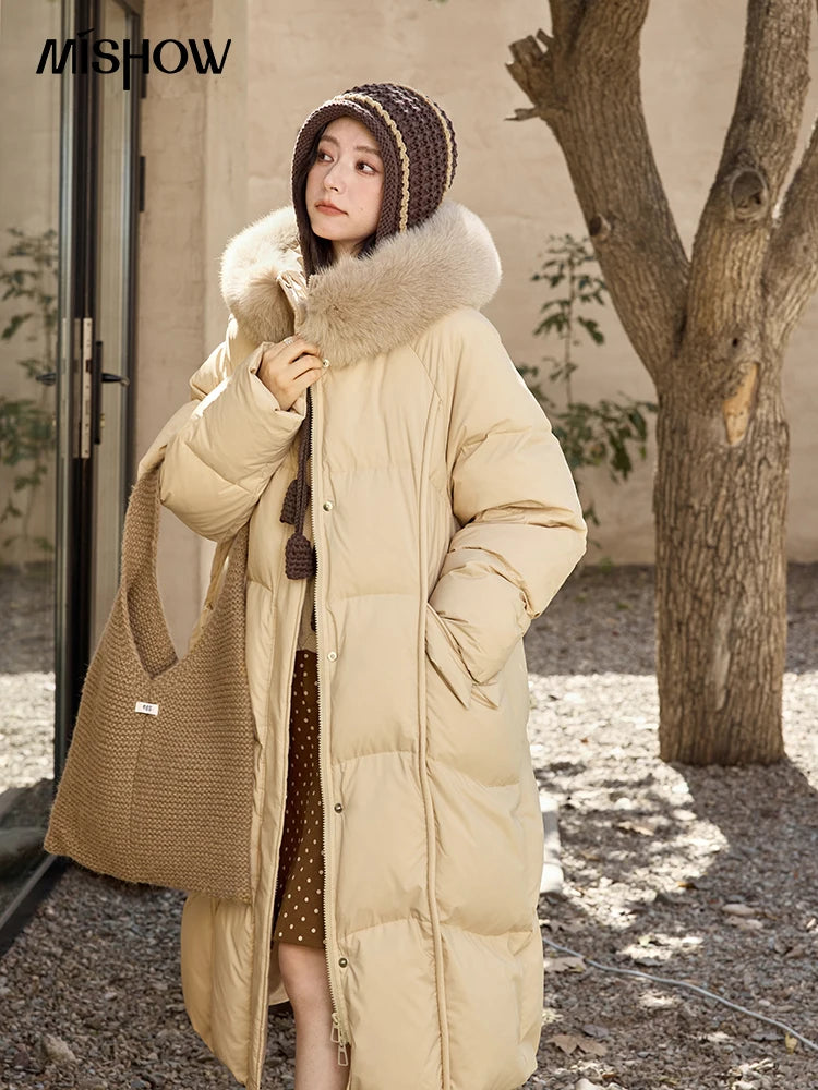 MISHOW White Duck Down Coat Hooded Long Removable Fox Fur Collar Down Jacket Zipper Design Warm Wind Resistance Coat MXD55Y0052
