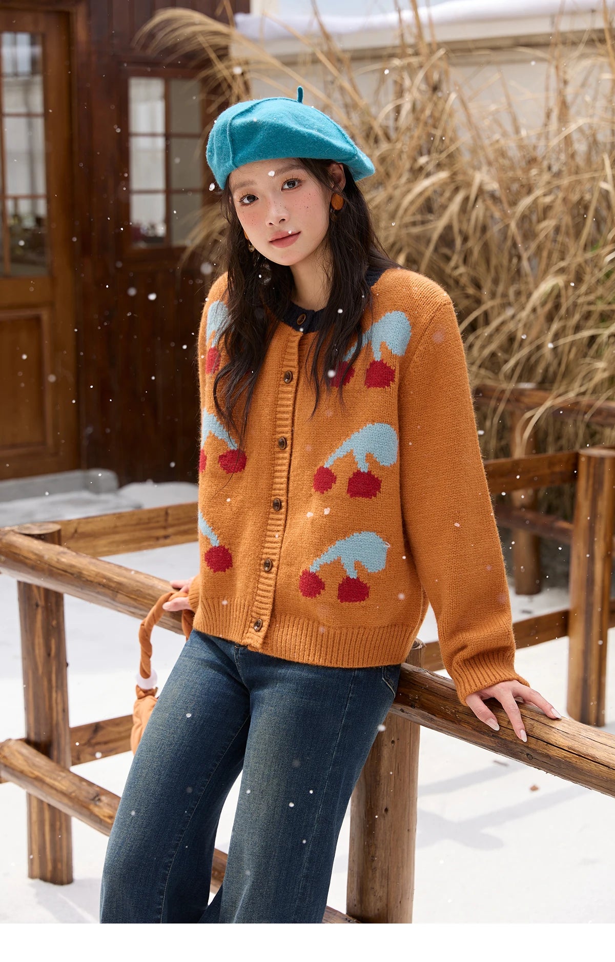 MISHOW Cherry Jacquard Knitted Cardigan for Women 2025 Winter Retro Sweet Round Neck Long Sleeves Sweater Commute Top MXE88Z2689