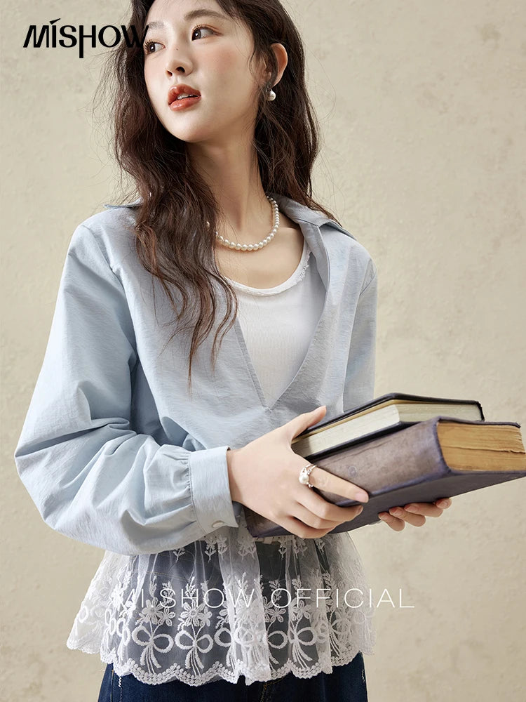 MISHOW French Spring Shirts Women 2025 Long Sleeve Turn-down Collar Fake Two-piece Blouses Female Splicing Lace Tops MXE16C0783