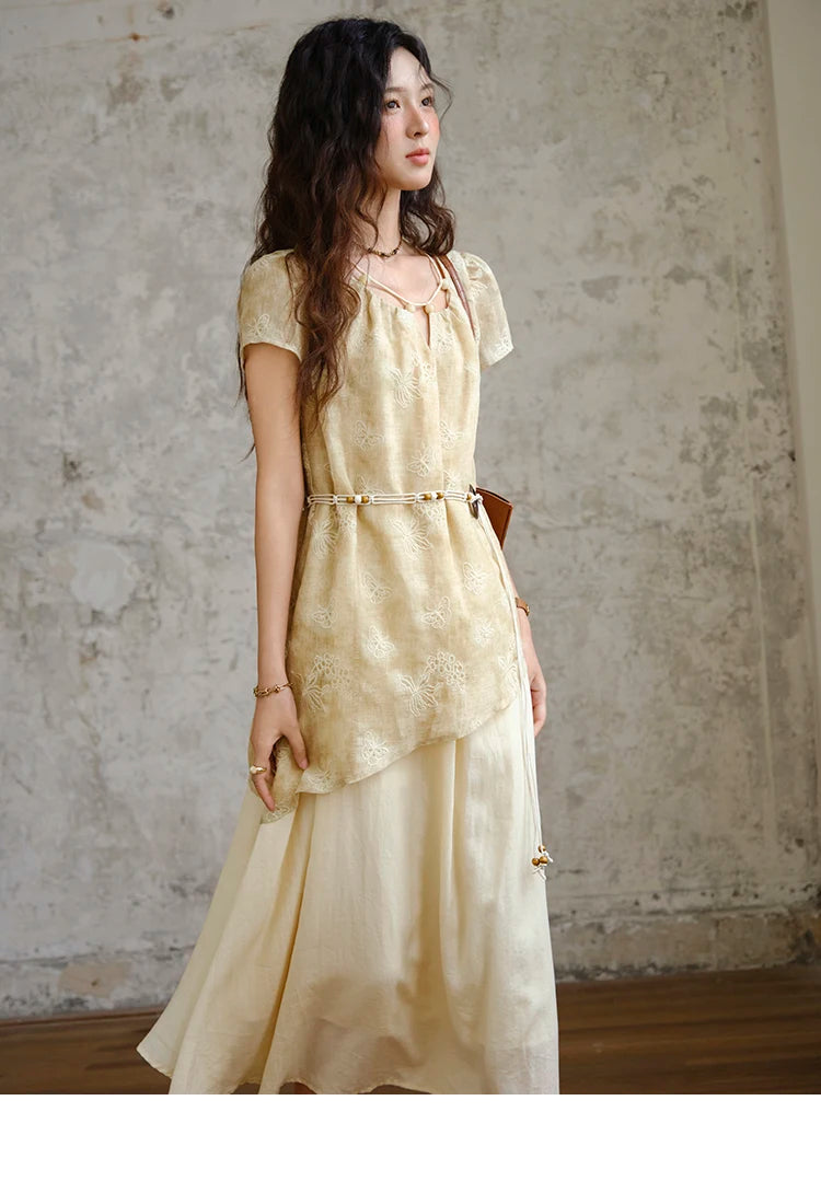 MISHOW Fashion Butterfly Embroidery Dress 2025 Summer Splicing Beaded Collar Comes with Retro Belt Dresses MXE36L2250