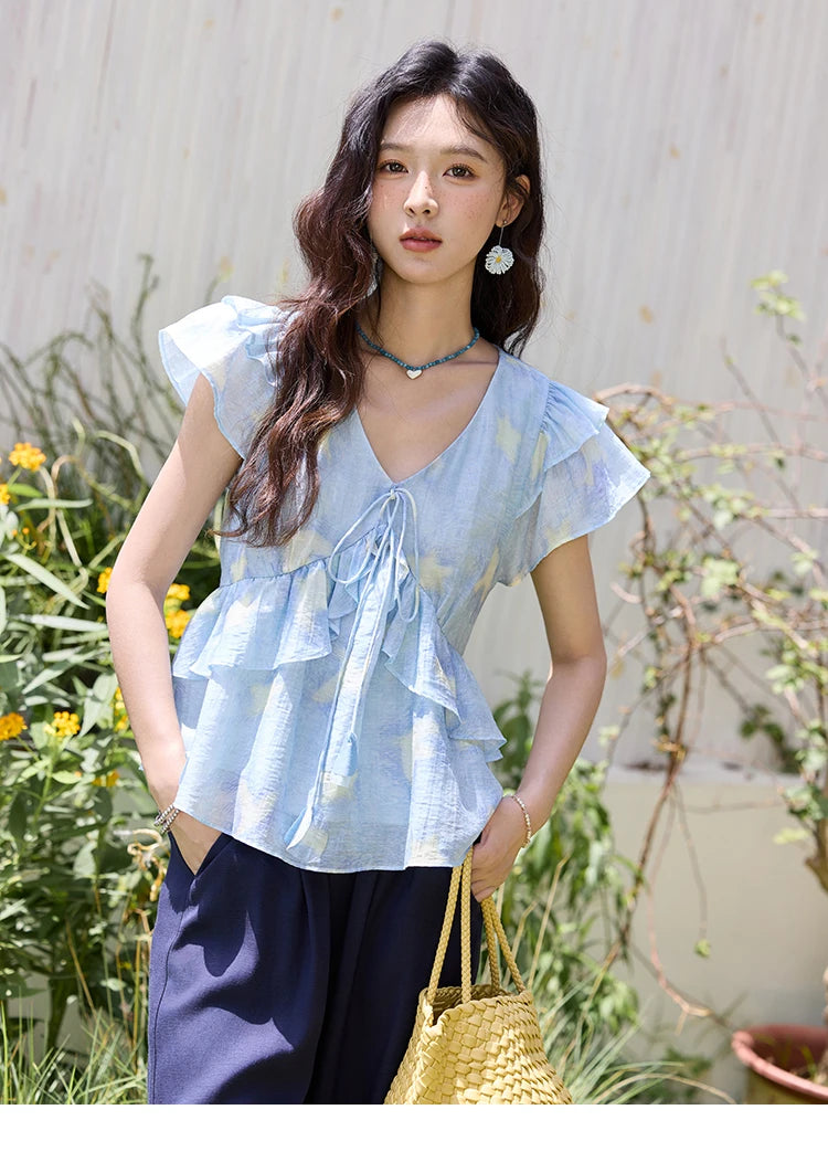 MISHOW Blue Double-layer Ruffled Linen V-neck Blouse for Women Summer 2025 Slim Flying Sleeve Breathable Lace-up Tops MXE33X1819