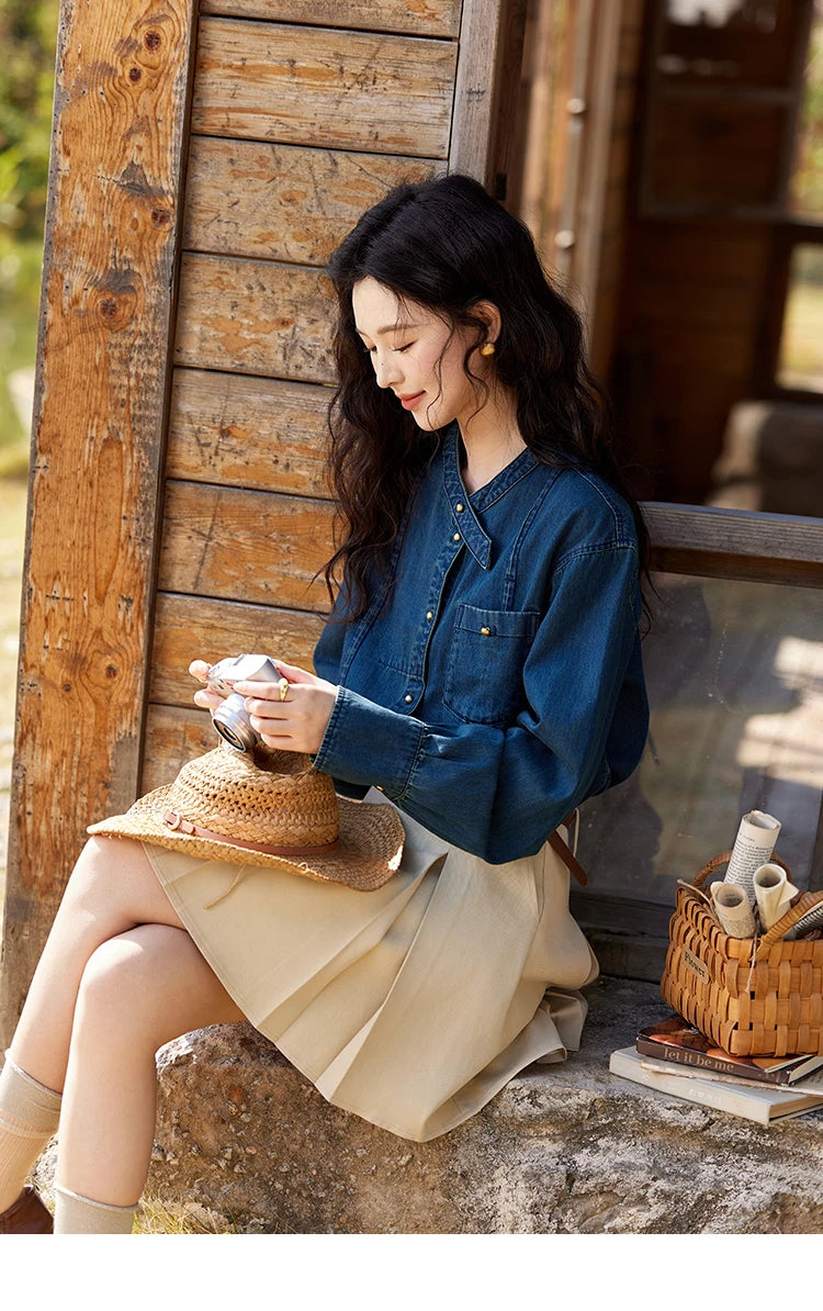 MISHOW 100 Cotton Denim Shirt French Retro Long Sleeved Shirt for Women 2025 Spring Loose Fit O Neck Casual Shirt Top MXE12C0384