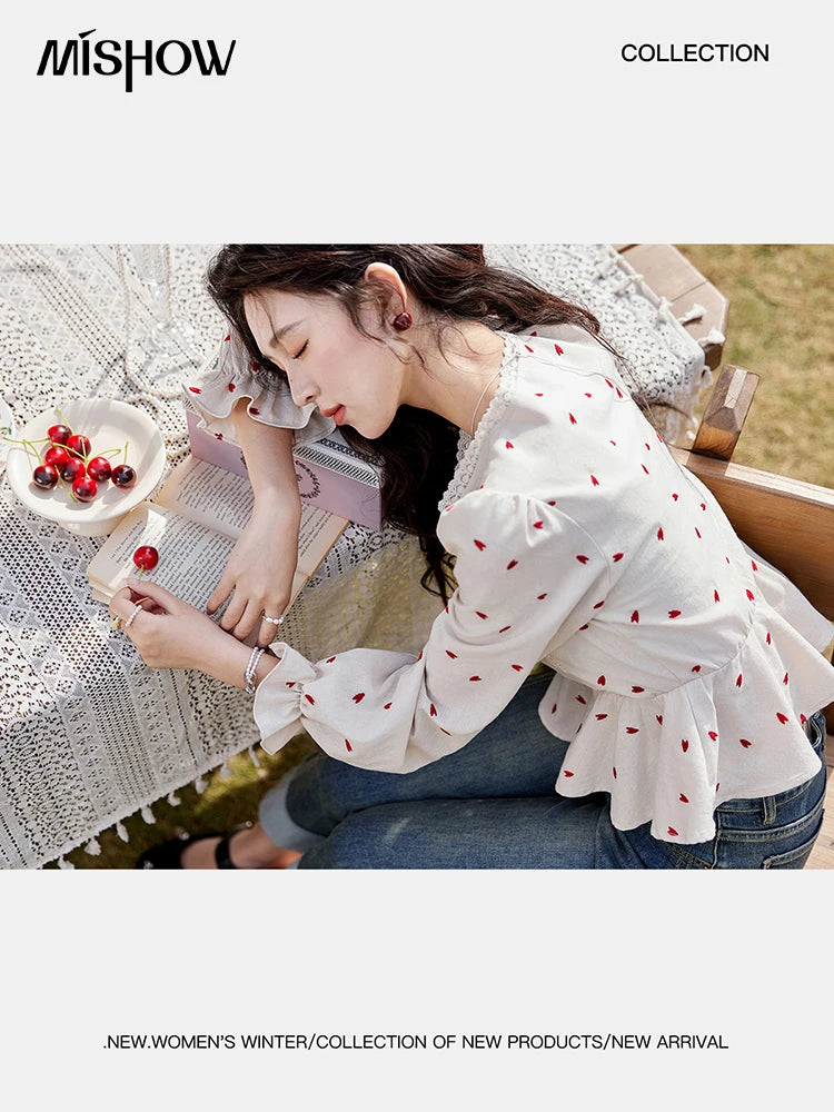 MISHOW Women's Love Embroidered V-neck Blouses 2025 Spring Linen Cotton Retro Slim Tops Sweet Waist Ruffle Blouse MXE13X1700