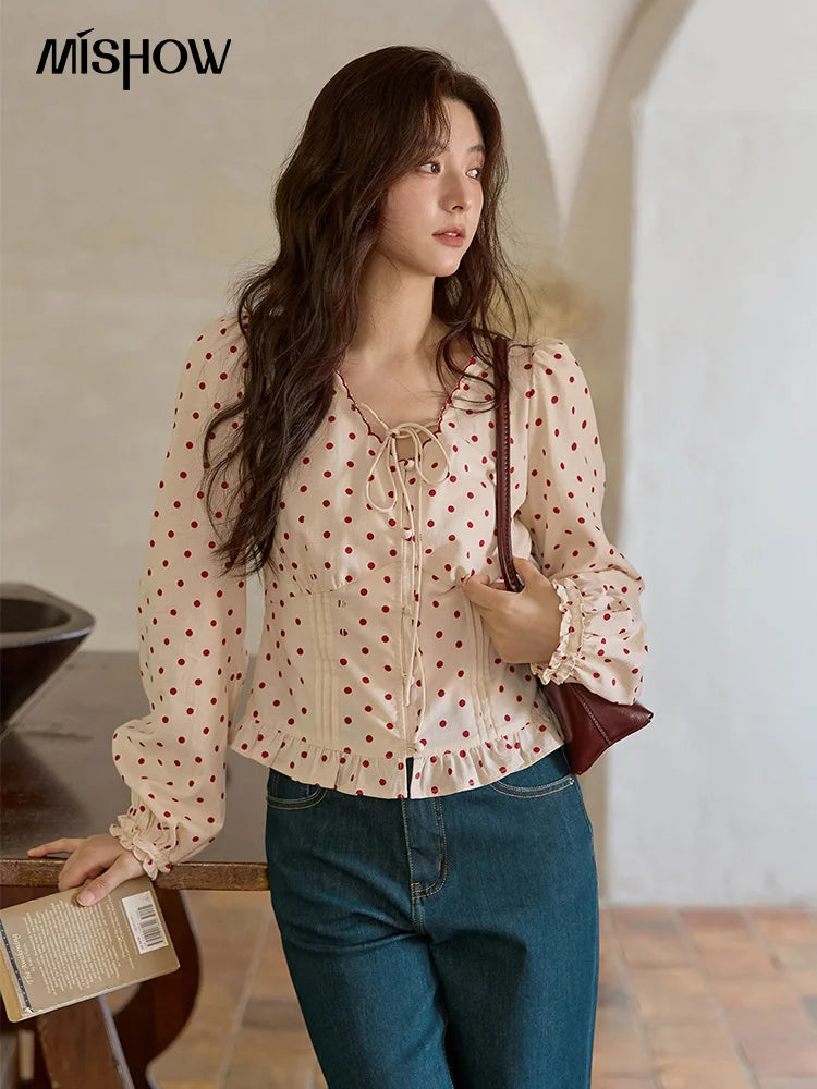 MISHOW Apricot Bottom Red Polka Dot Shirt for Women Autumn 2025 Korean Ruffled Edges Shirts V-neck Lace-up Sweet Top MXE42X1971