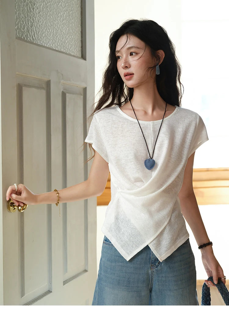 MISHOW Round Neck Knitted T-Shirt Irregular Design Button MXE39T0709