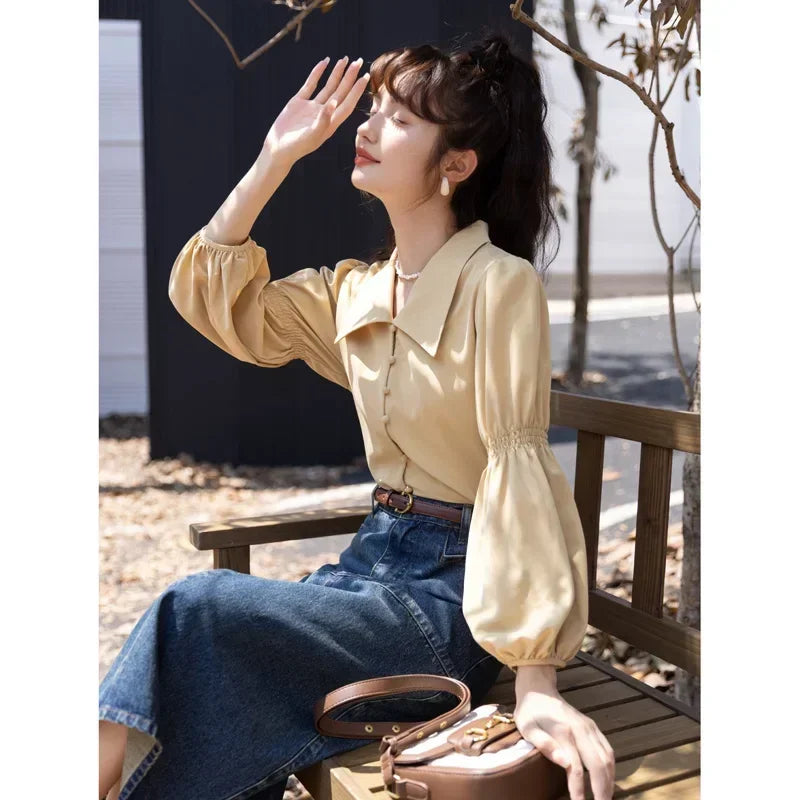 MISHOW Elegant Women's Blouse Autumn Vintage French Lantern Sleeves Turndown Collar Shirt Office Lady Female Clothing MXB32C0508