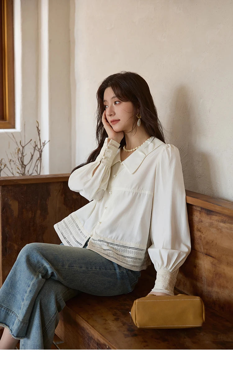 MISHOW Women's French Lace Patchwork Shirt 2025 Autumn Butterfly Collar Lantern Sleeves Apricot Elegant Commuting Top MXE41C2357