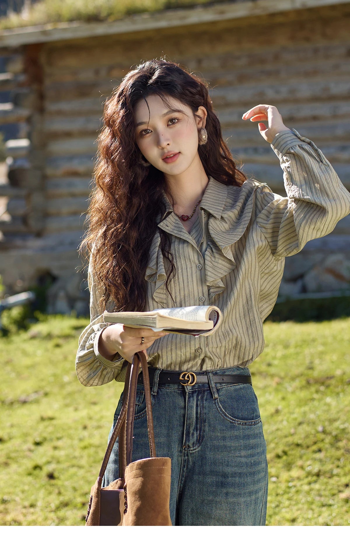 MISHOW Retro Button Long Sleeved Striped Shirt for Women 2024 Autumn Korean Flounce Polo Neck Casual Tops Office Lady MXD41C0321