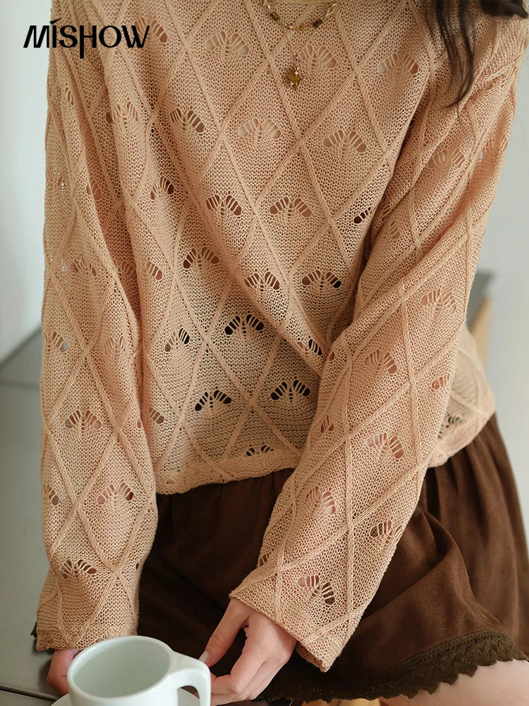 MISHOW Women's Diamond Patterned Knitted Top 2025 Autumn Bohemian Hollowed Out Thin Top Scoop Neck Knitted Sweaters MXE42Z1332