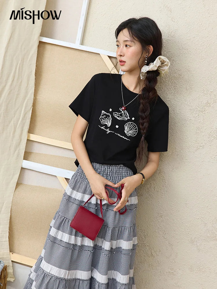 MISHOW Women's Shell Embroidered T-shirt 2025 Summer Short Sleeve Cotton Blend Tops Loose Slim Round Neck Casual Tees MXE34T0570