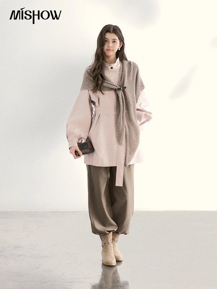 MISHOW Women's Dusty Pink Trench 2026 Spring Stand Collar Belted Coats Raglan Sleeve Casual Mid-Length Windbreaker MXF108W1002