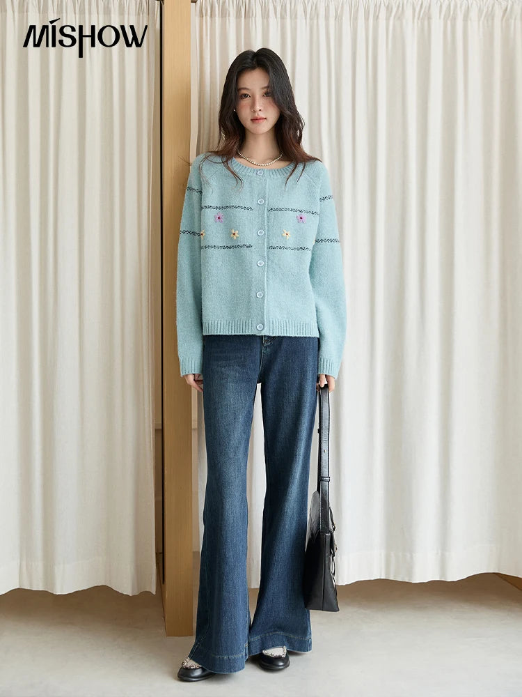 MISHOW Women Cardigan Long Sleeve 2025 Autumn Winter Flower Embroidered Knitted Cardigan Commute Loose Blue Knit Top MXE46Z2581