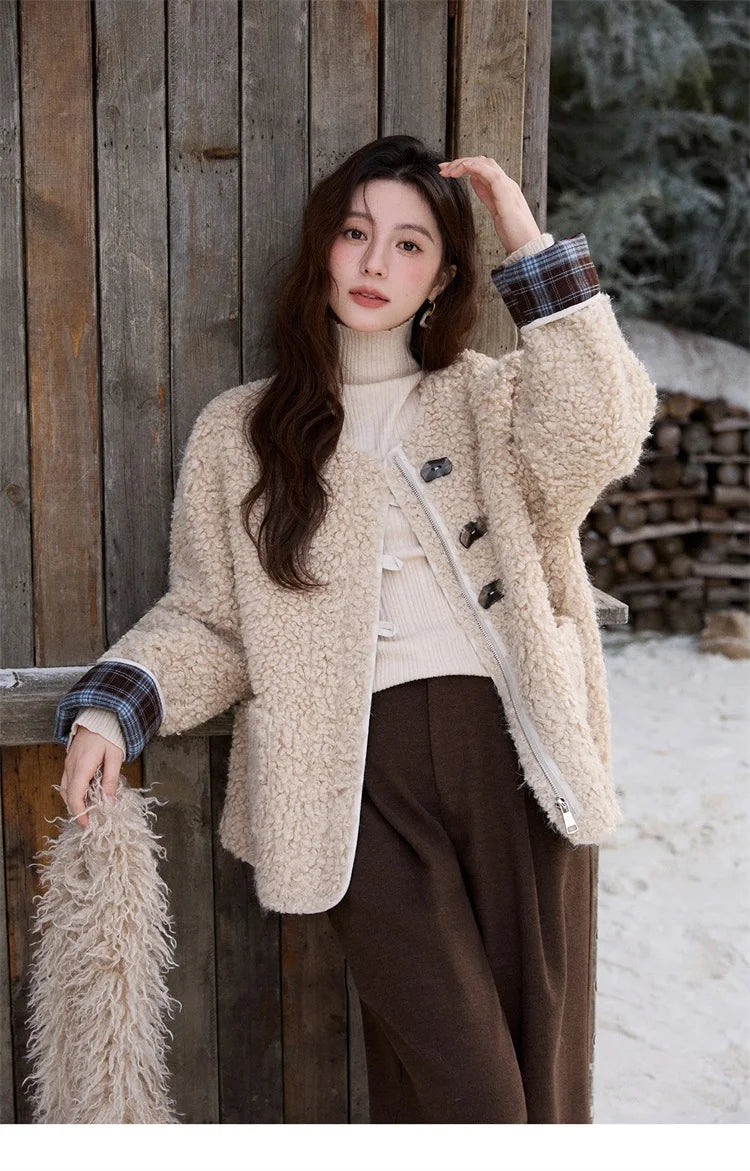 MISHOW Plaid Patchwork Curly Lambswool Coat Winter 2025 Women's Fashion Coat Double-Front Retro Casual Loose Jacket MXE87W0939