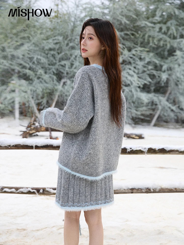 MISHOW Woman Gray Sweater Skirt Suit 2025 Winter Fashion Crew Neck Long Sleeve Sweater Knitted Mini Skirt Suit Woman MXE51T1406