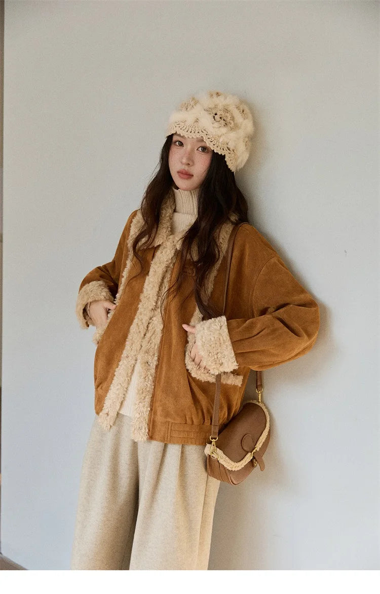 MISHOW Woman Short Jacket 2025 Winter Retro Brown Suede Patchwork Fur Coat Loose Faux Lambswool Turn Down Collar Coat MXE89W0895